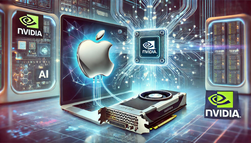 A futuristic illustration of an Apple device connected to an NVIDIA GPU, symbolizing their AI collaboration in a high-tech lab setting