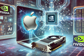 A futuristic illustration of an Apple device connected to an NVIDIA GPU, symbolizing their AI collaboration in a high-tech lab setting