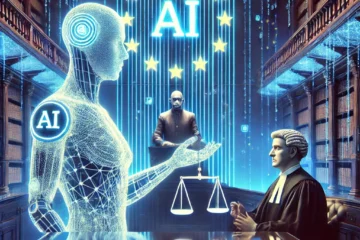 A glowing AI figure and a judge with a scale of justice in a futuristic courtroom, symbolizing the clash between AI innovation and privacy rights, with the European Union flag in the background