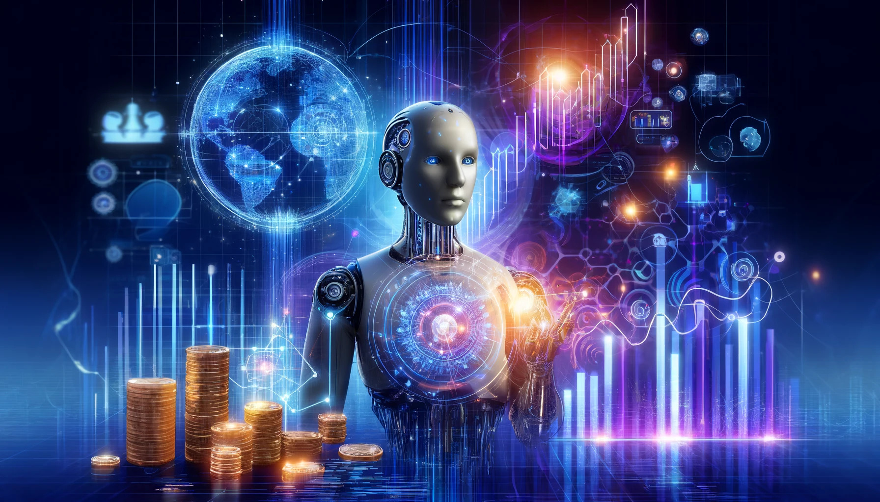 A humanoid robot interacting with holographic data, with rising graphs and abstract financial symbols in the background representing investment and funding.