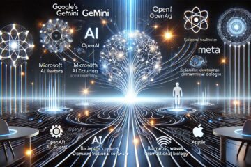 A futuristic digital landscape depicting AI advancements in 2025, featuring glowing neural networks, AI agents, GPU clusters, and biometric waves symbolizing tech giants like Google, OpenAI, Microsoft, Meta, Apple, and Anthropic.