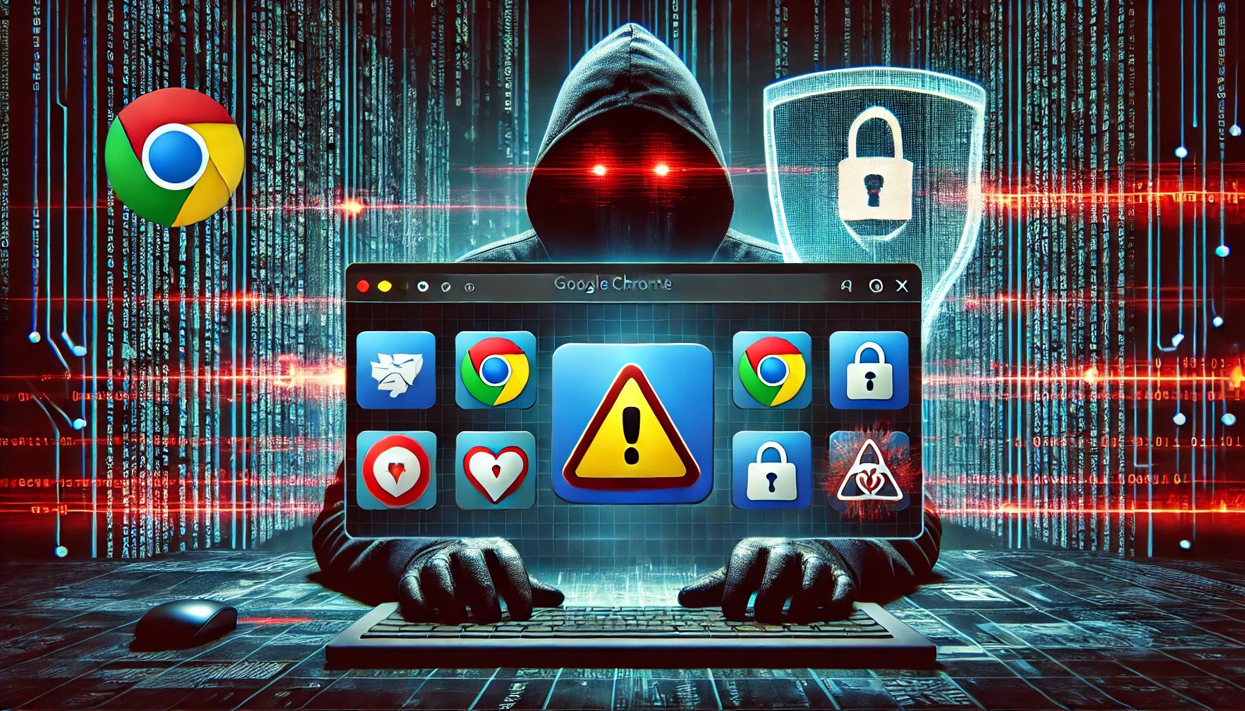 Visual representation of a hacking incident targeting Chrome extensions, showing infected browser icons, glitch effects, and a shadowy hacker figure in the background.