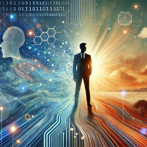 A vibrant digital illustration depicting the harmony between humanity and technology, with a young professional standing confidently against a background merging organic and digital landscapes, featuring flowing data streams, circuit patterns, and a glowing network of interconnected nodes.