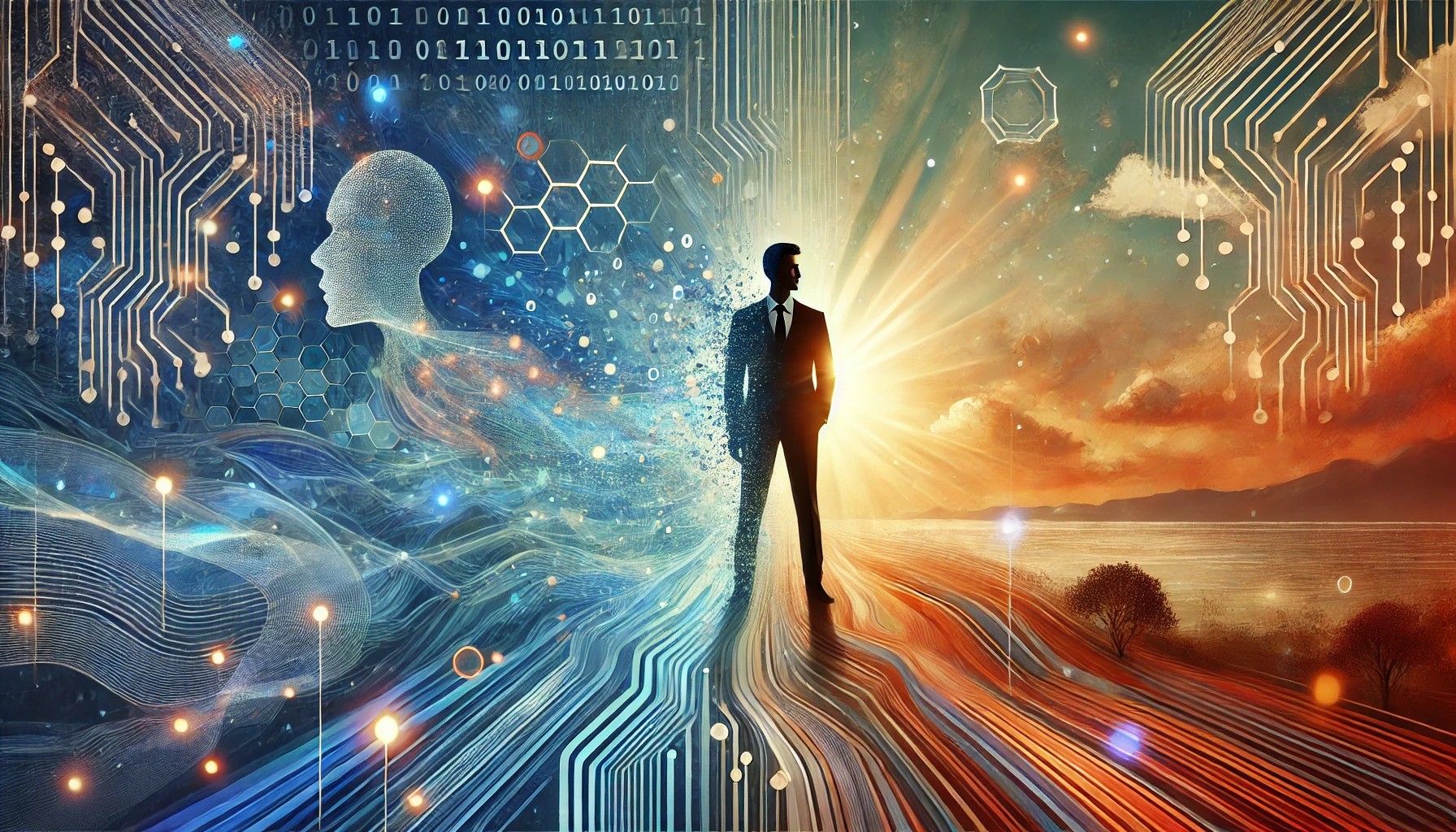 A vibrant digital illustration depicting the harmony between humanity and technology, with a young professional standing confidently against a background merging organic and digital landscapes, featuring flowing data streams, circuit patterns, and a glowing network of interconnected nodes.