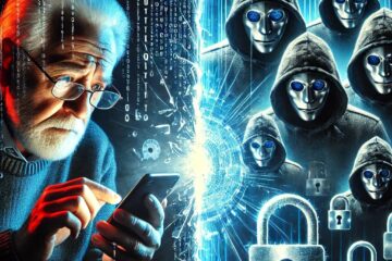 an illustration showing a vulnerable elderly person's hand hovering over a smartphone, with threatening digital shadows and cybersecurity shields representing the danger of kyc scams