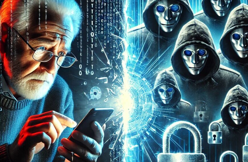 an illustration showing a vulnerable elderly person's hand hovering over a smartphone, with threatening digital shadows and cybersecurity shields representing the danger of kyc scams