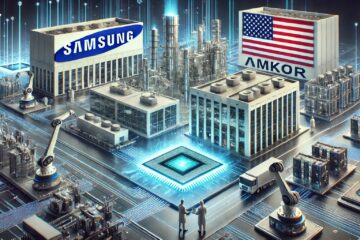 A high-tech semiconductor fabrication plant with glowing circuitry patterns, robotic arms, and engineers inspecting silicon wafers. Subtle U.S. flag motifs and Samsung, Texas Instruments, and Amkor logos are integrated into the facility design.