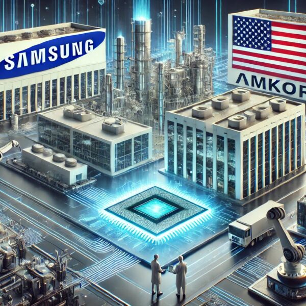 A high-tech semiconductor fabrication plant with glowing circuitry patterns, robotic arms, and engineers inspecting silicon wafers. Subtle U.S. flag motifs and Samsung, Texas Instruments, and Amkor logos are integrated into the facility design.