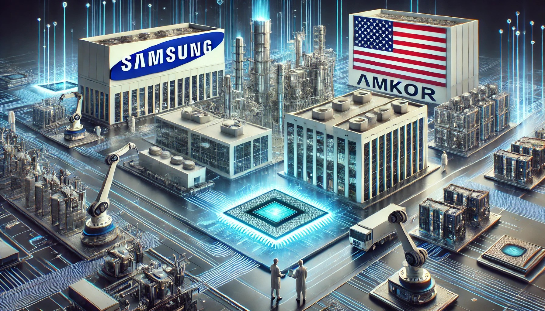 A high-tech semiconductor fabrication plant with glowing circuitry patterns, robotic arms, and engineers inspecting silicon wafers. Subtle U.S. flag motifs and Samsung, Texas Instruments, and Amkor logos are integrated into the facility design.