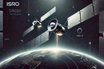 Two satellites docking in space with the Indian flag in the background, representing ISRO’s Spadex mission.