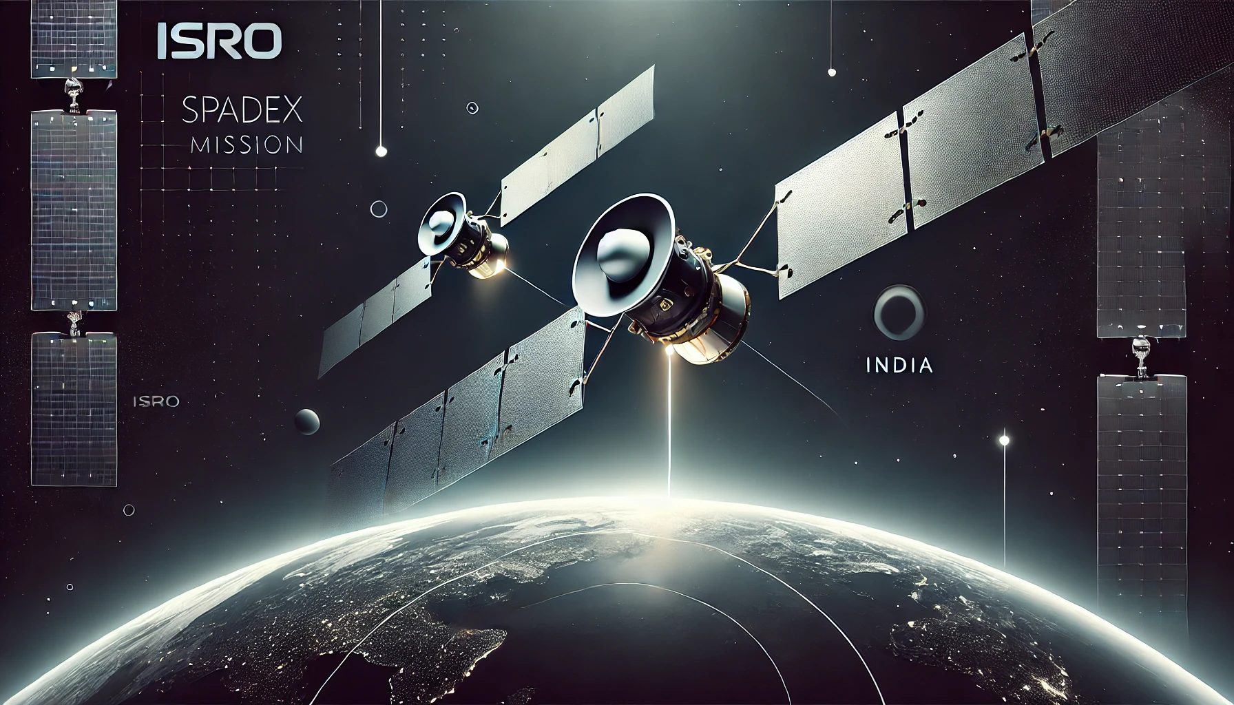 Two satellites docking in space with the Indian flag in the background, representing ISRO’s Spadex mission.