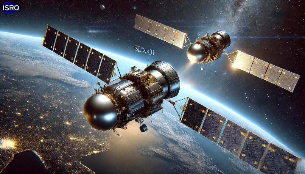 Two satellites docking in space with Earth's curvature below, showcasing ISRO's Spadex mission.