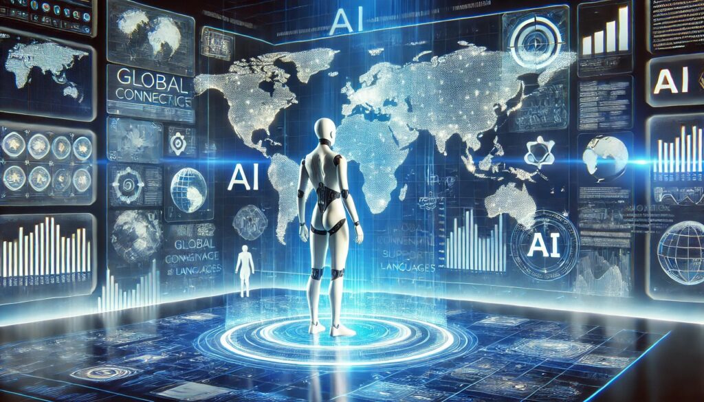 A futuristic digital scene of a glowing AI humanoid interacting with a holographic world map, showcasing data streams and floating documents representing AI-powered research and global language connectivity.