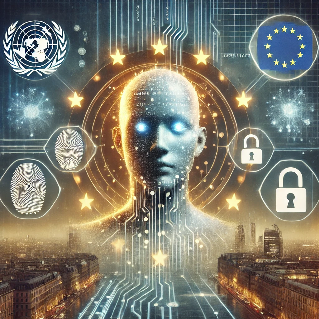 A glowing humanoid AI figure surrounded by holographic data symbols, including padlocks and fingerprints, with the European Union emblem and abstract data streams in the background