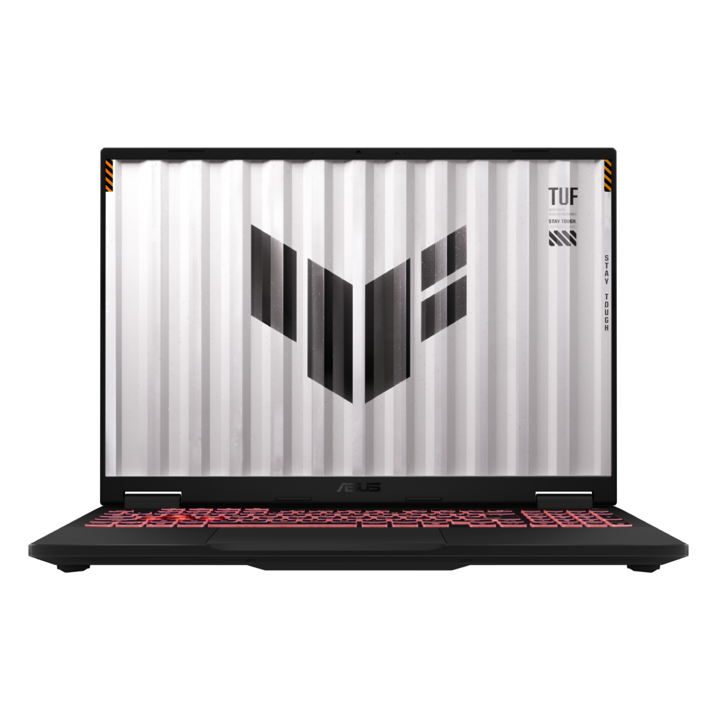 ASUS TUF Gaming laptop with display on, featuring a bold TUF logo and red backlit keyboard.