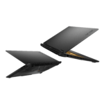 ASUS TUF Gaming laptop in an angled, semi-open position showing sleek design and rear cooling vents