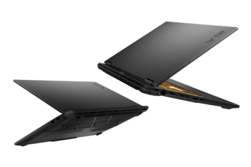 ASUS TUF Gaming laptop in an angled, semi-open position showing sleek design and rear cooling vents