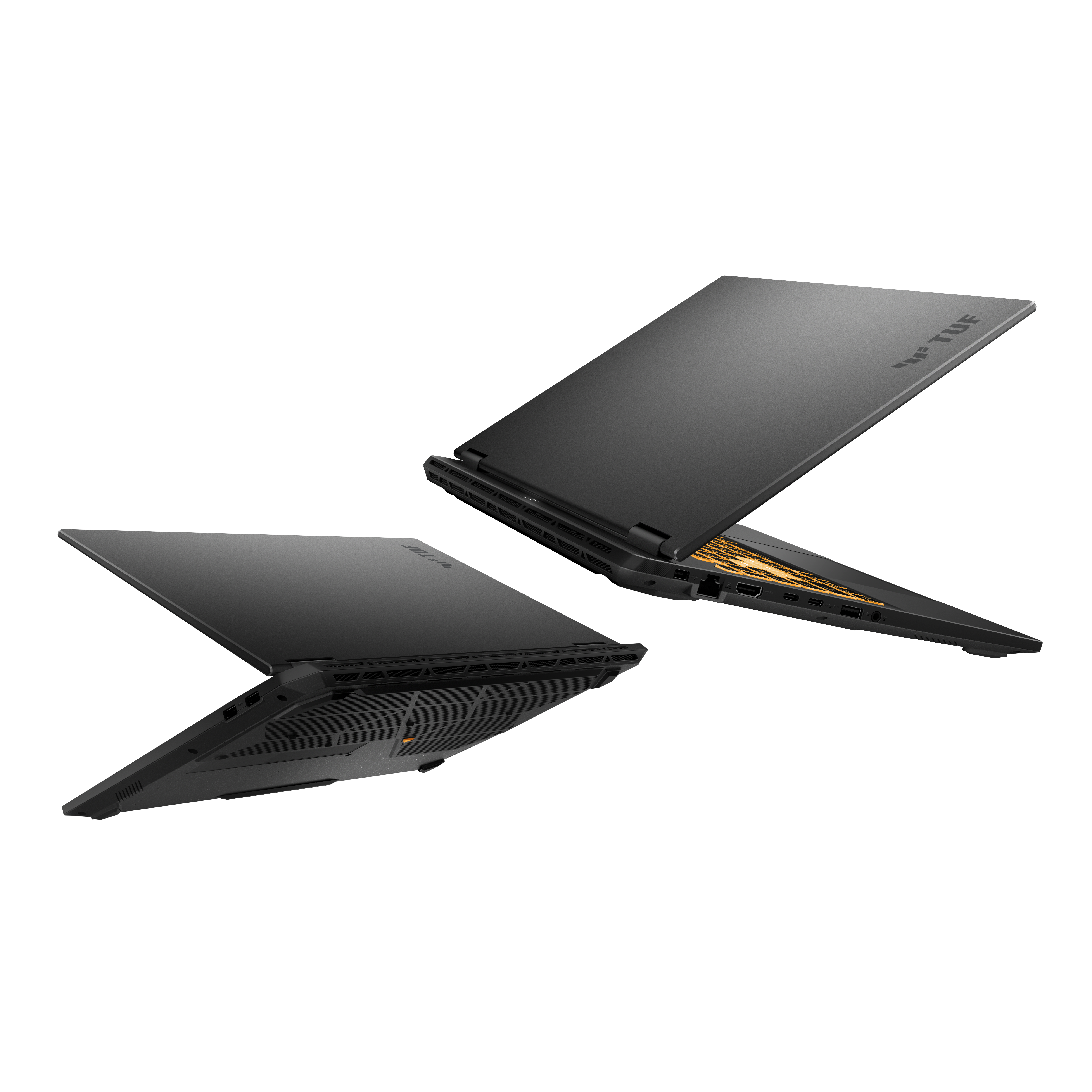 ASUS TUF Gaming laptop in an angled, semi-open position showing sleek design and rear cooling vents