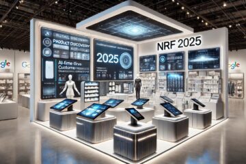 A futuristic retail environment unveiled at NRF 2025, featuring sleek touchscreen displays, AI-driven assistants, seamless checkout areas, and real-time inventory tracking systems.