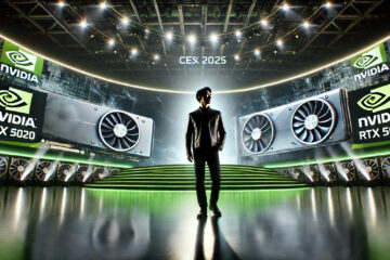 Jensen Huang in a black leather jacket presenting the Nvidia RTX 5000 series at CES 2025 on a futuristic stage with a curved LED screen and holographic GPU projections