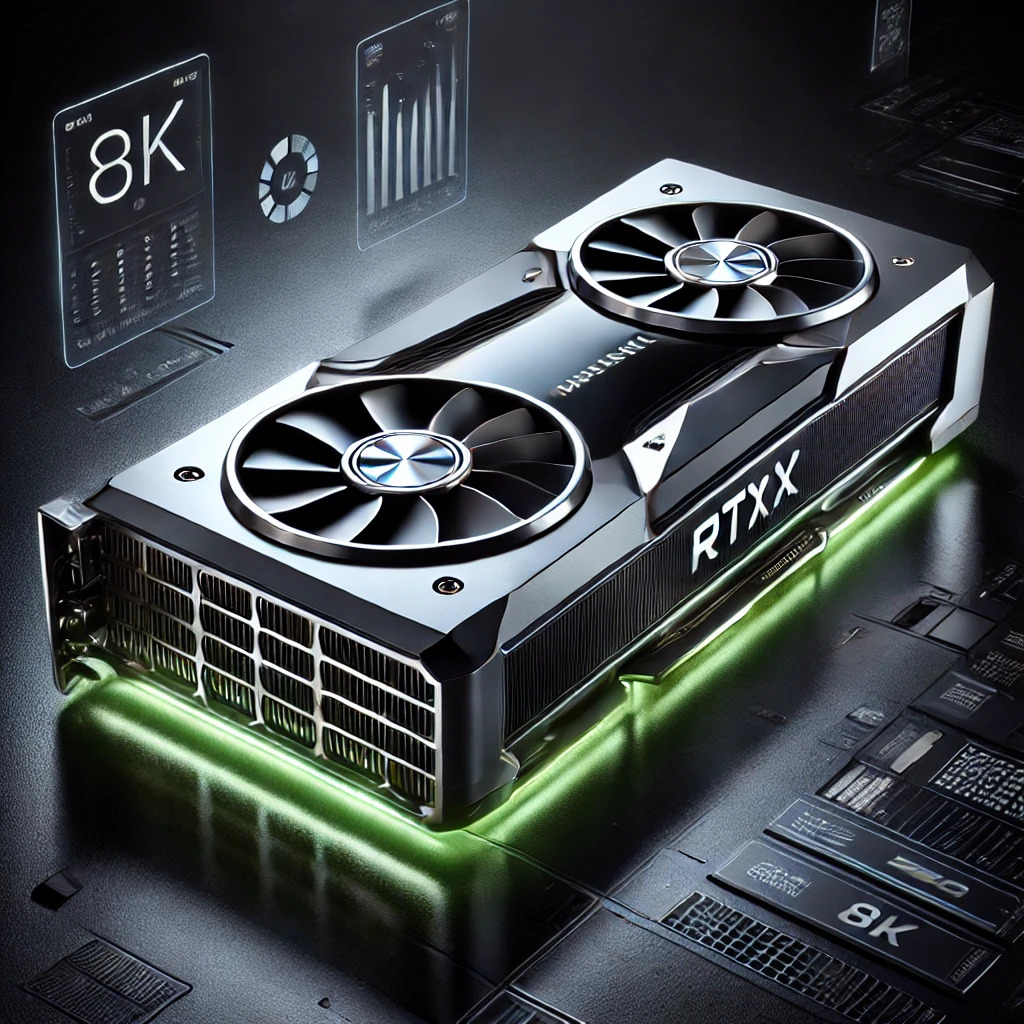 Hyperrealistic 3D rendering of the Nvidia RTX 5000 GPU with a sleek black and silver design, green LED accents, ray-traced reflections, and floating holographic performance displays