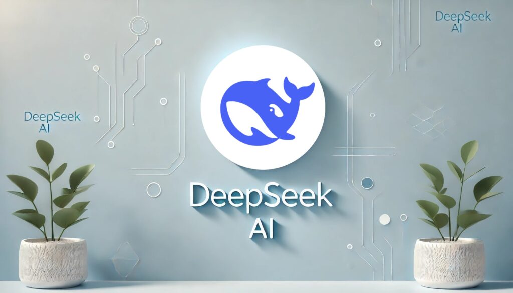 DeepSeek AI logo featuring a stylized blue whale on a futuristic, technology-themed background with circuit-like patterns.