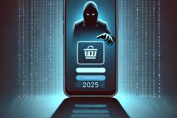 Minimalistic illustration of a smartphone with a shadowy figure reaching towards it, symbolizing cybercrime, on a gradient blue-black background with subtle binary code patterns.