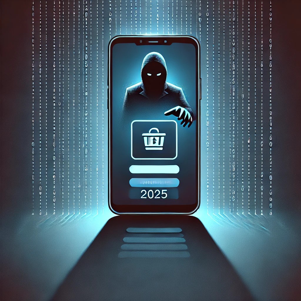 Minimalistic illustration of a smartphone with a shadowy figure reaching towards it, symbolizing cybercrime, on a gradient blue-black background with subtle binary code patterns.