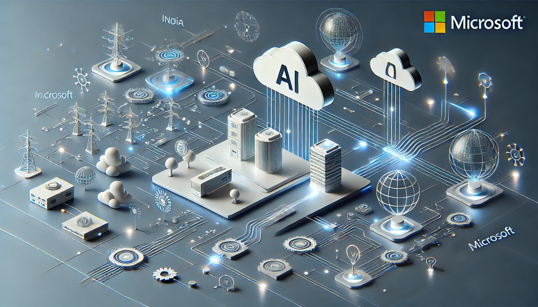 A clean and minimalist futuristic illustration of India’s AI and cloud transformation. The image depicts glowing circuits, cloud data centers, and AI-driven networks in a sleek, modern style.