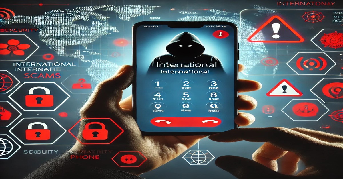 Smartphone displaying an incoming international call with red warning symbols and scam-related icons, representing phone scams.