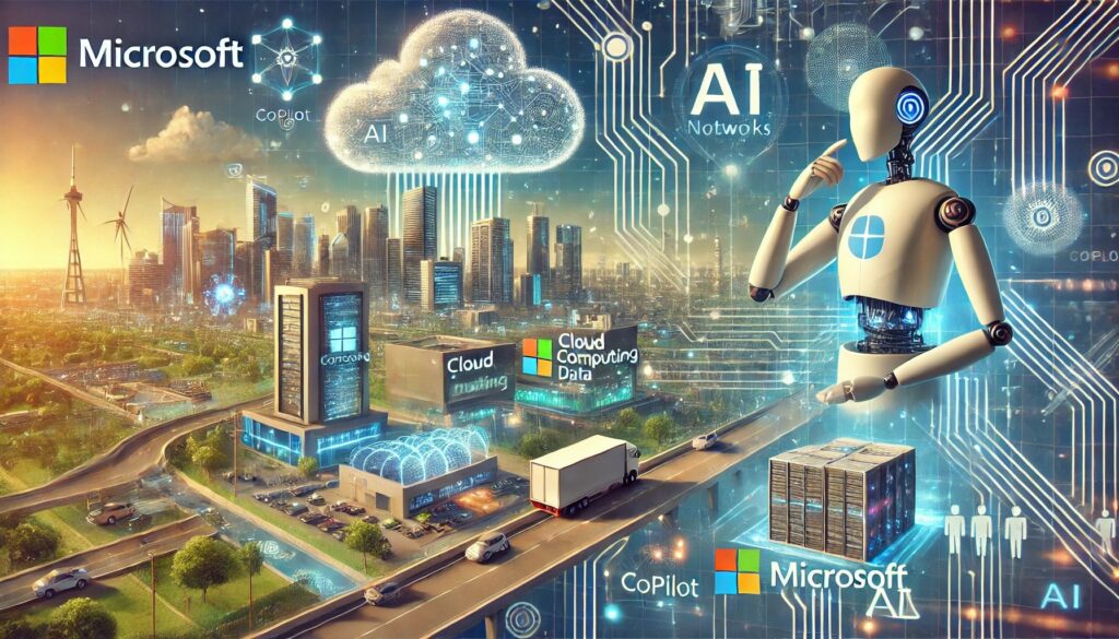 A futuristic digital landscape showcasing India’s technological growth with AI networks, data centers, and cloud computing. The image subtly highlights Microsoft’s role in advancing AI and digital transformation.