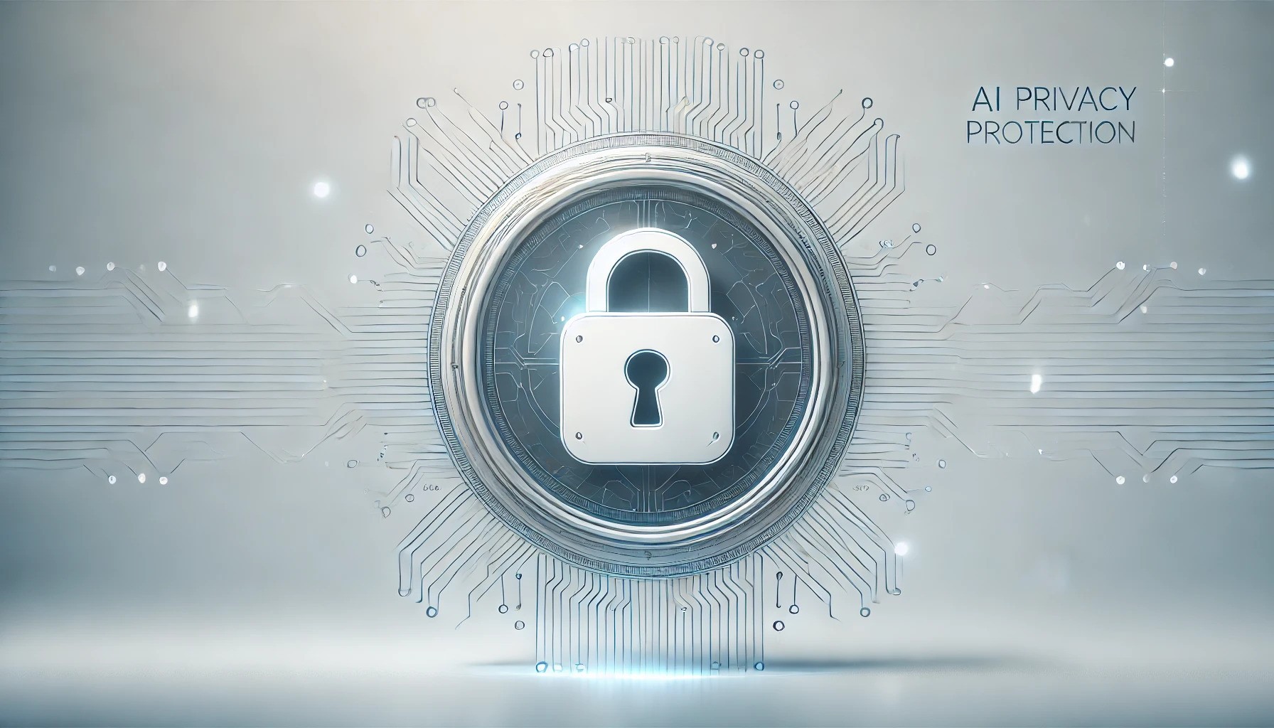 A minimalistic design of a shield with circuit board patterns in the background, symbolizing AI privacy protection and data security.
