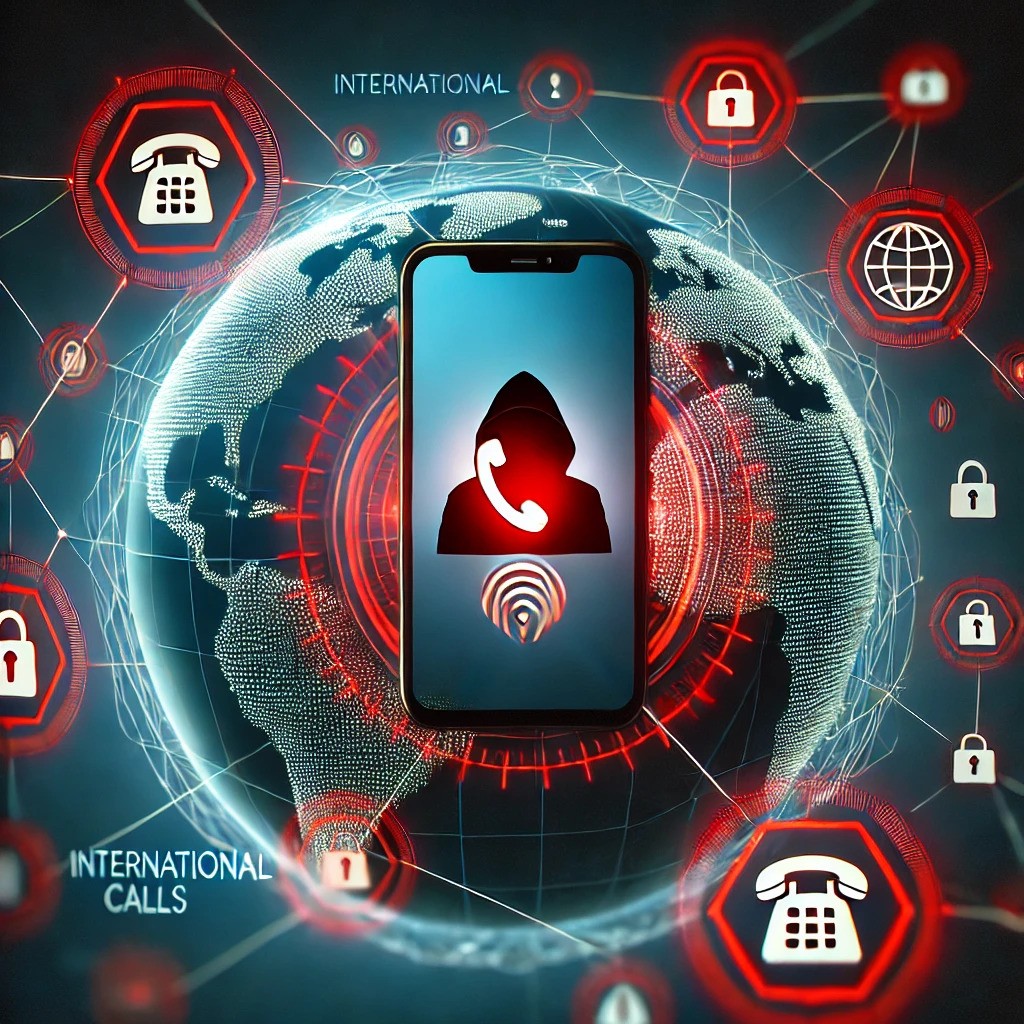 Smartphone surrounded by glowing red warning icons with a globe and a hacker silhouette in the background, symbolizing international phone scams.