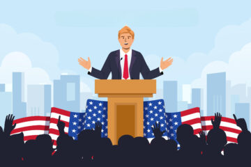 Illustration of a political leader at a podium addressing a crowd, with American flags in the background.