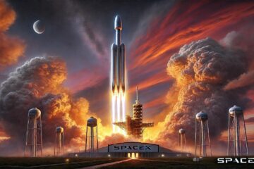 SpaceX Starship rocket launching from the Starbase facility, with fiery exhaust plumes and a colorful twilight sky