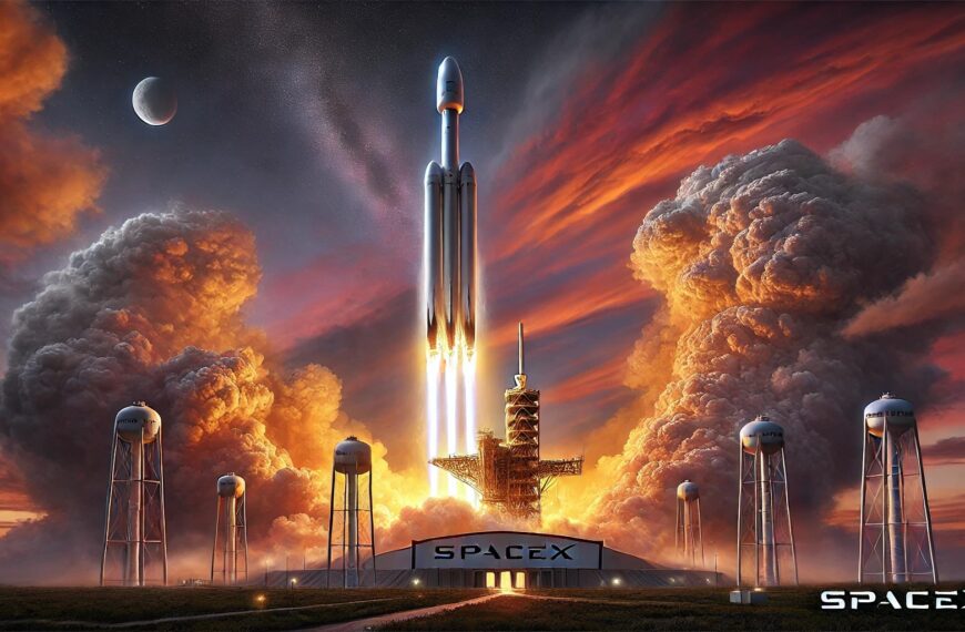 SpaceX Starship rocket launching from the Starbase facility, with fiery exhaust plumes and a colorful twilight sky