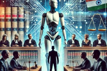 A symbolic illustration of a legal battle between a sleek robotic AI figure and a group of publishers holding books and documents, set against a digitally enhanced courtroom with an Indian flag in the background.