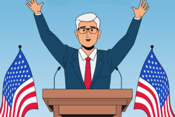 Illustration of a person resembling a U.S. president speaking at a podium with American flags on either side.