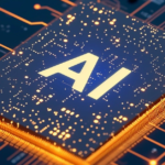 A futuristic AI processor chip glowing with orange circuits on a high-tech motherboard, symbolizing artificial intelligence and advanced computing.