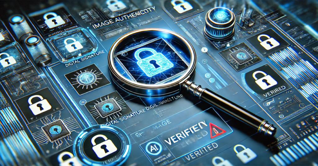 A futuristic magnifying glass analyzing an image with digital signatures, security locks, and AI-generated verification symbols.