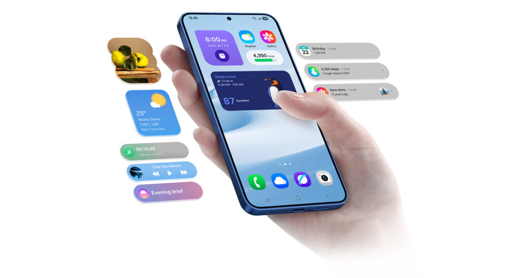 Samsung Galaxy S25 Ultra displaying One UI 7 interface with AI features and Now Brief