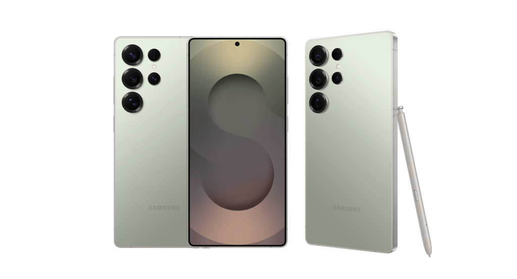 Samsung Galaxy S25 Ultra in Titanium Jadegreen showing front display and camera system